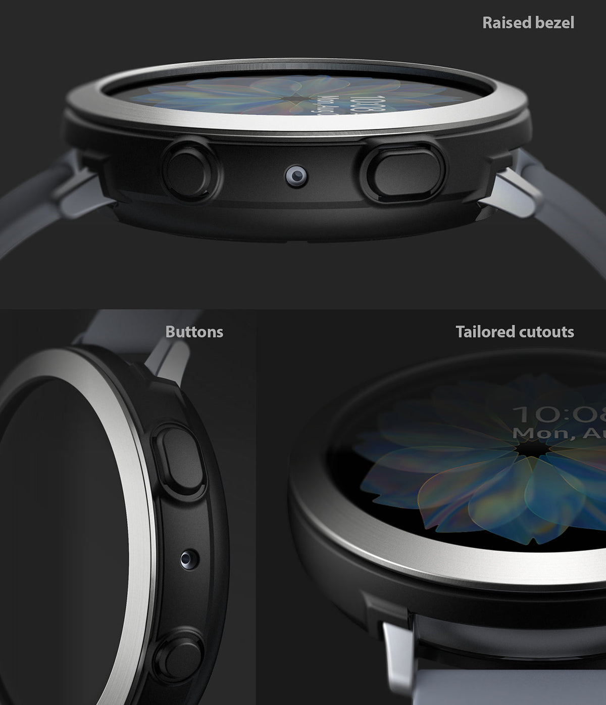 Galaxy Watch Active 2 (44mm) | Air Sports Black + Bezel Styling - Close-up views of watch buttons and raised silver bezel.
