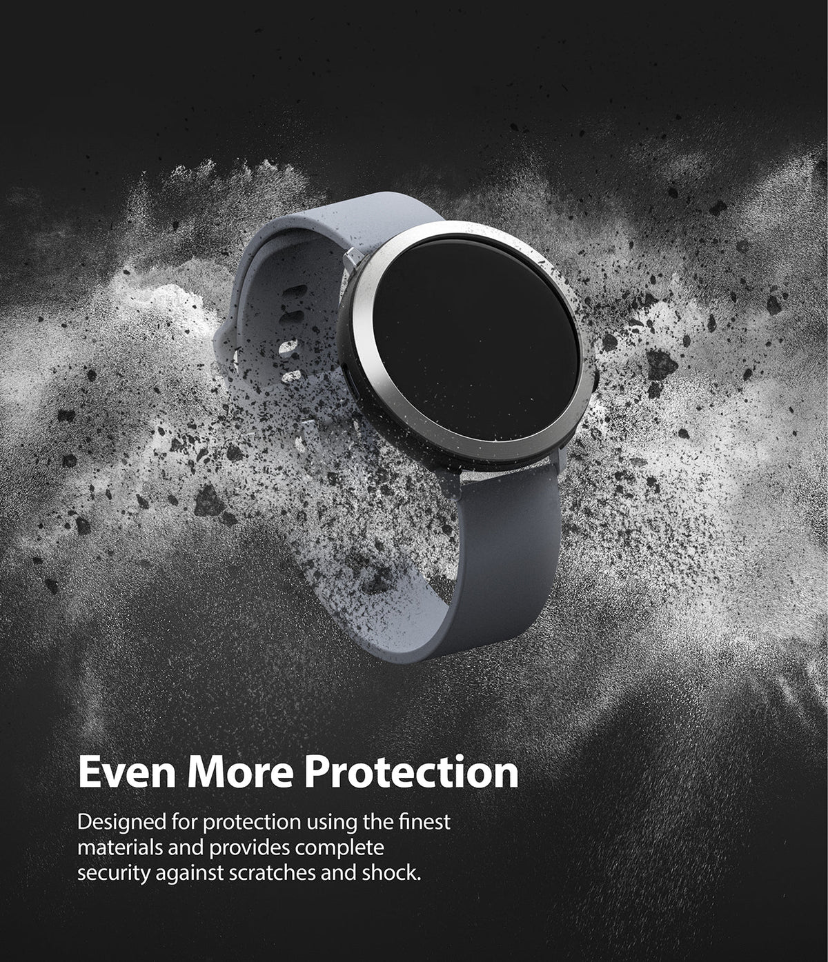 Galaxy Watch Active 2 (44mm) | Air Sports Black + Bezel Styling - Smartwatch with silver bezel and grey band in dust.