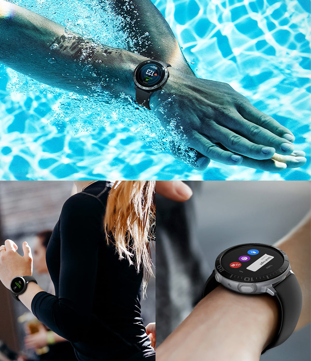 Galaxy Watch Active 2 (44mm) | Air Sports Black + Bezel Styling - Galaxy Watch Active 2 (44mm) - Black smartwatch with bezel styling worn while swimming and during active exercise.
