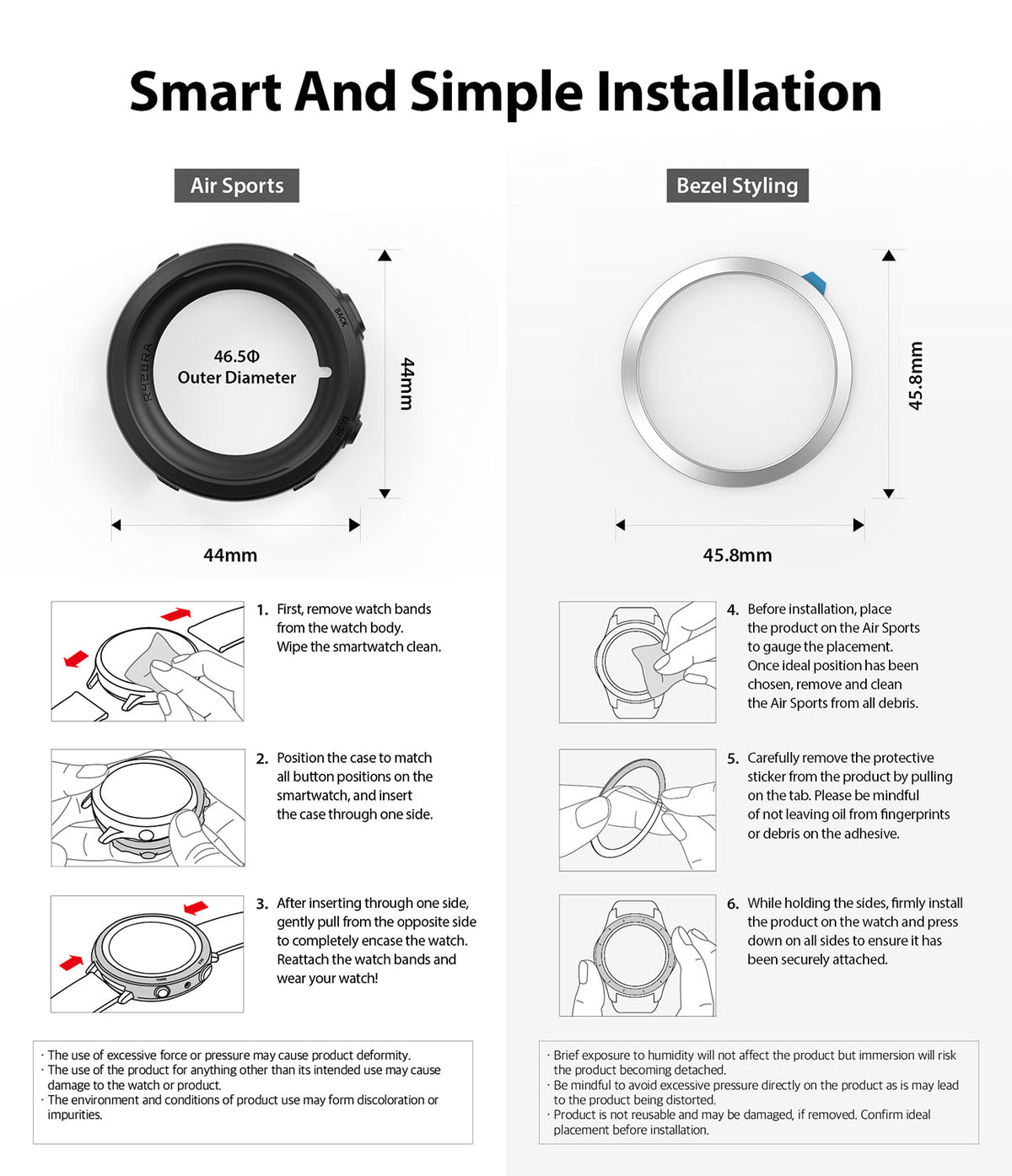 Galaxy Watch Active 2 (44mm) | Air Sports Black + Bezel Styling - Installation guide showing steps for watch case and bezel.