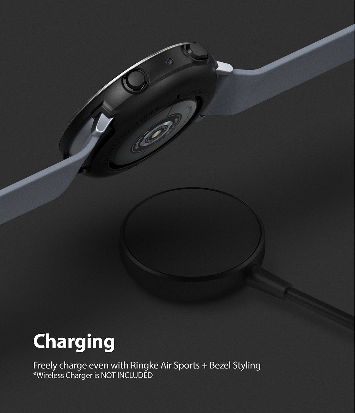 Galaxy Watch Active 2 (44mm) | Air Sports Black + Bezel Styling - Smartwatch with protective case hovering over a charger.