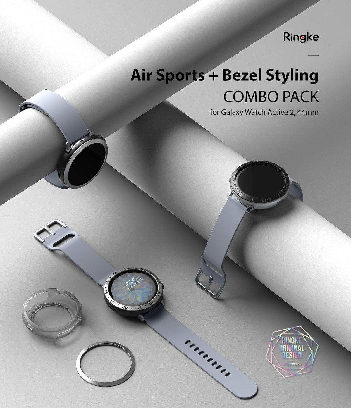 Galaxy Watch Active 2 (44mm) | Air Sports Black + Bezel Styling - Three Galaxy Watch Active 2 units with grey bands and black bezel styling on a grey background.