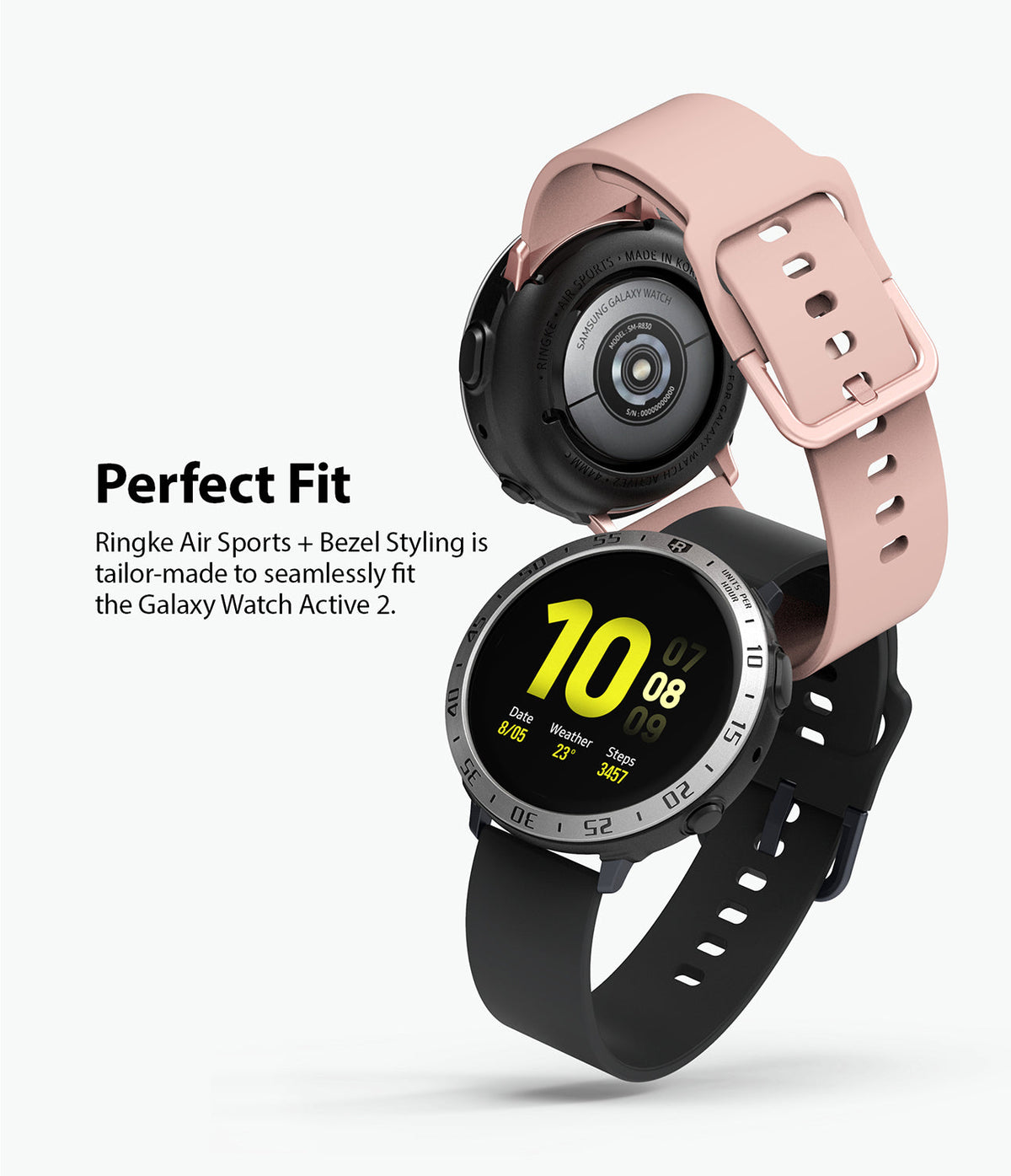 Galaxy Watch Active 2 (44mm) | Air Sports Black + Bezel Styling - Two Galaxy Watch Active 2 units with protective cases.