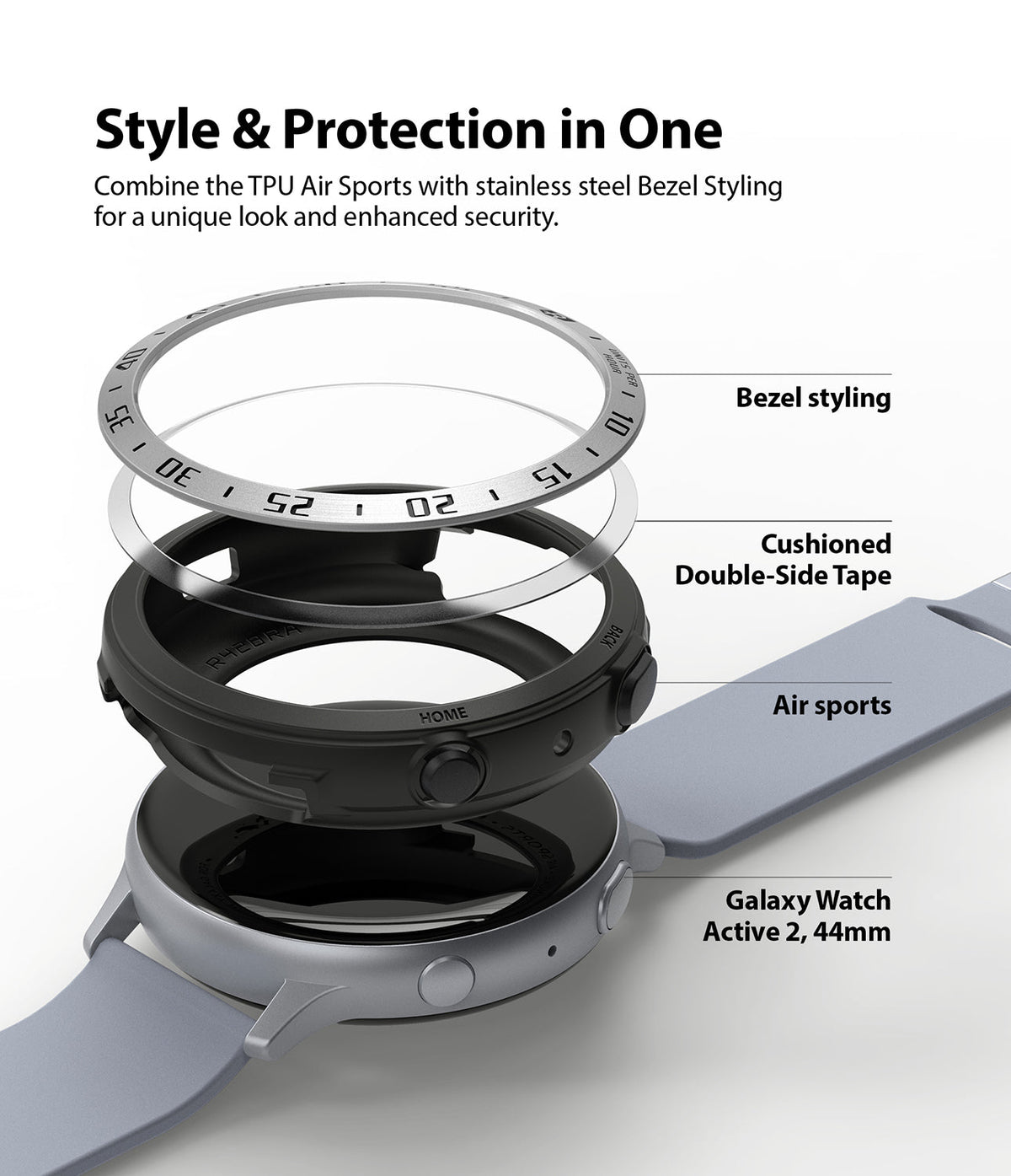 Galaxy Watch Active 2 (44mm) | Air Sports Black + Bezel Styling - Exploded view of watch case, bezel, and adhesive.