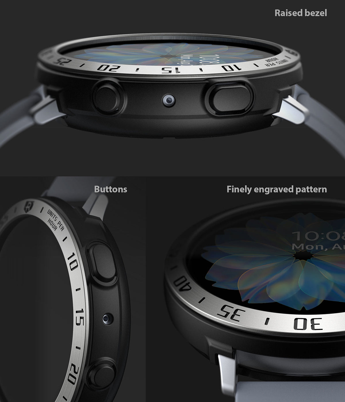 Galaxy Watch Active 2 (44mm) | Air Sports Black + Bezel Styling - Close-up views of a black smartwatch with a silver bezel.