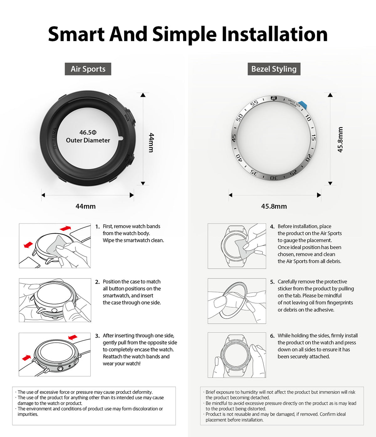 Galaxy Watch Active 2 (44mm) | Air Sports Black + Bezel Styling - Installation guide showing steps for watch accessories.