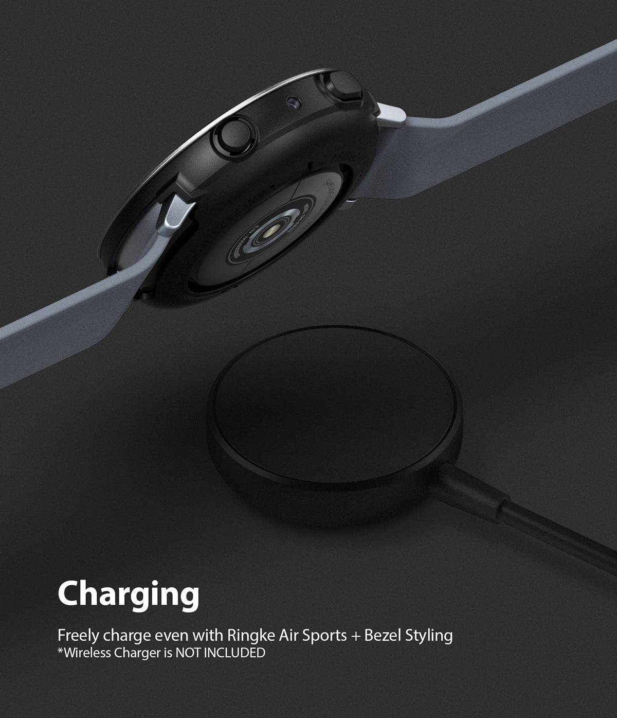 Galaxy Watch Active 2 (44mm) | Air Sports Black + Bezel Styling - Smartwatch hovering over a circular wireless charger.
