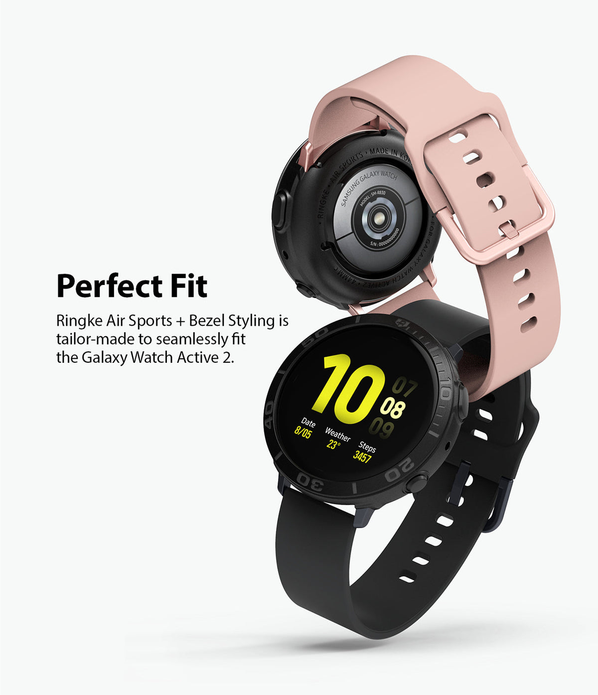 Galaxy Watch Active 2 (44mm) | Air Sports Black + Bezel Styling - Two Galaxy Watch Active 2 units with black and pink bands.