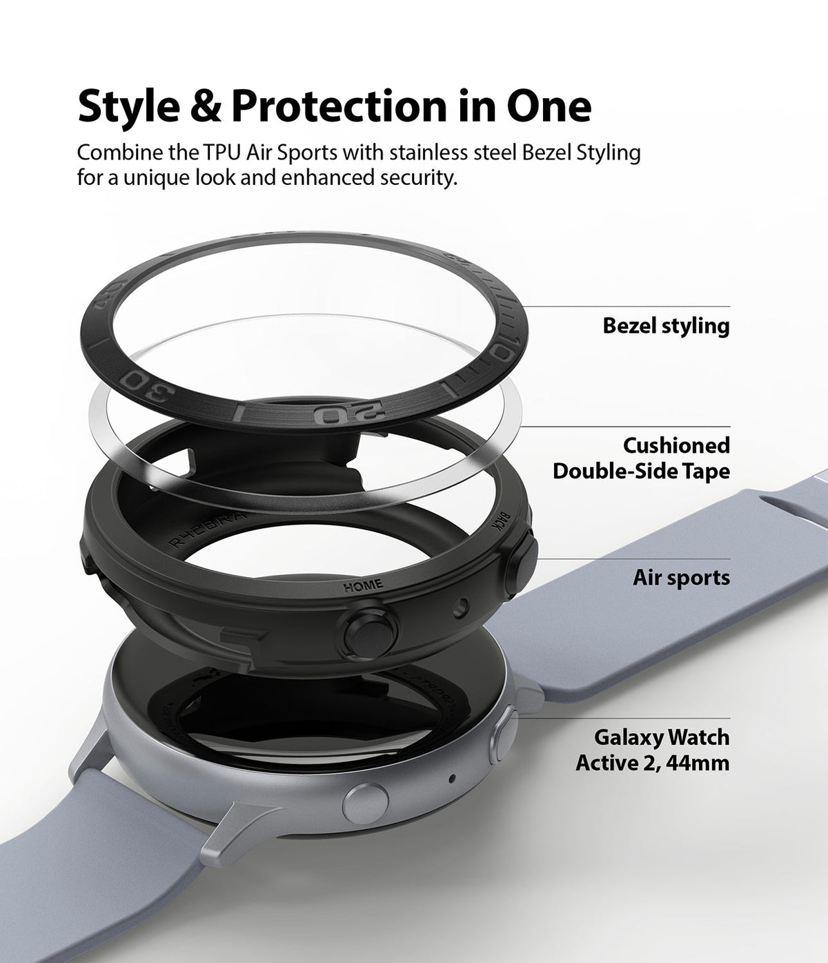 Galaxy Watch Active 2 (44mm) | Air Sports Black + Bezel Styling - Exploded view of watch case, tape, and bezel styling.
