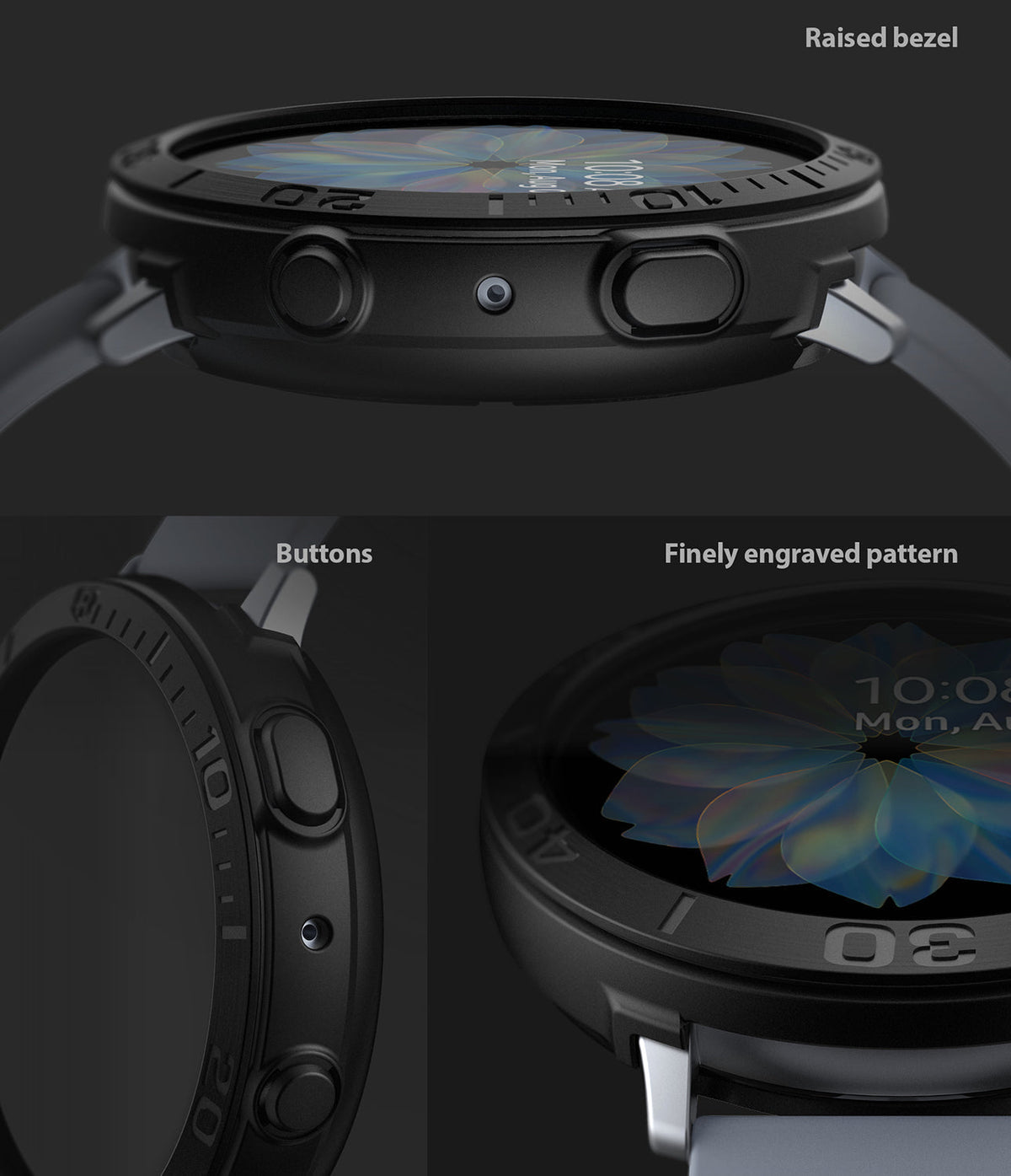 Galaxy Watch Active 2 (44mm) | Air Sports Black + Bezel Styling - Galaxy Watch Active 2 (44mm) - Close-up views of black bezel styling highlighting the raised edge, buttons, and engraving.