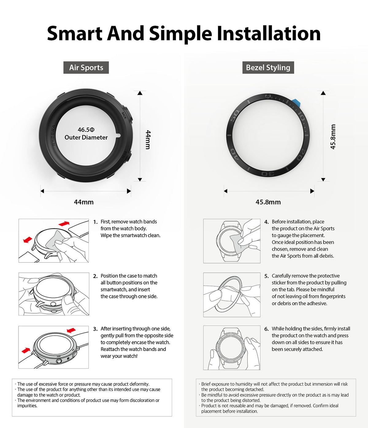 Galaxy Watch Active 2 (44mm) | Air Sports Black + Bezel Styling - Installation guide showing steps for Air Sports case and Bezel Styling ring on a smartwatch.