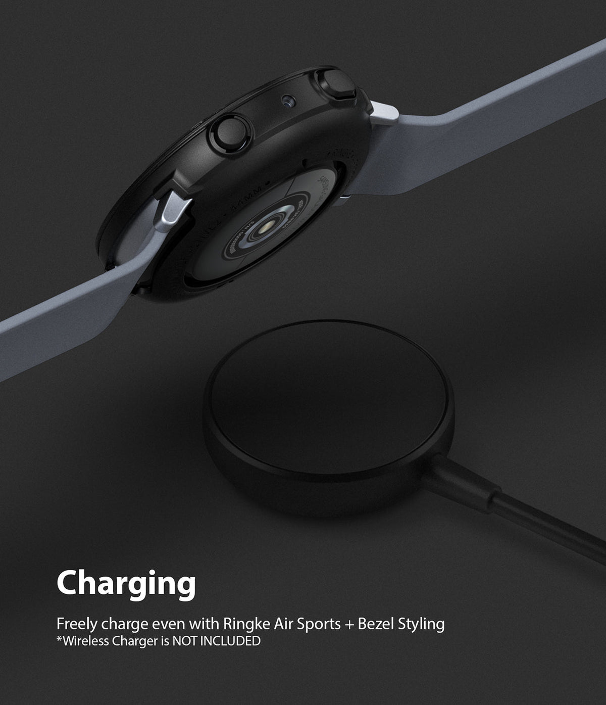 Galaxy Watch Active 2 (44mm) | Air Sports Black + Bezel Styling - Smartwatch with protective case hovering over charger.