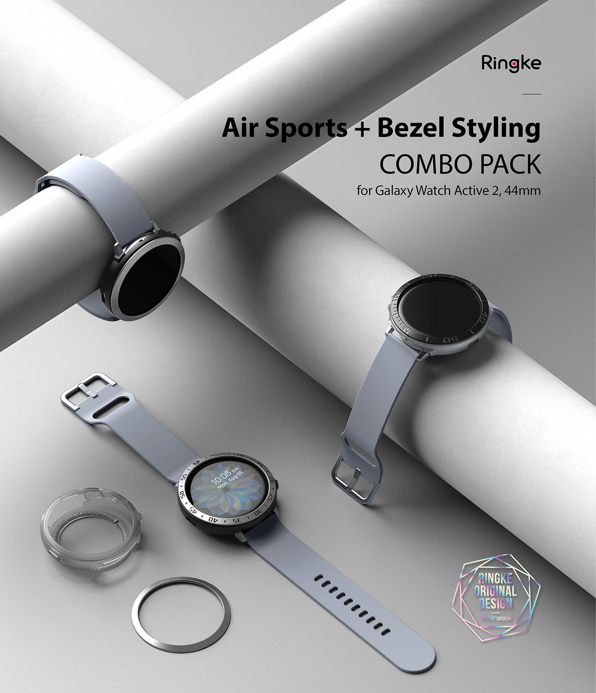 Galaxy Watch Active 2 (44mm) | Air Sports Matte Clear + Bezel Styling - Three smartwatches with light grey bands on tubes.