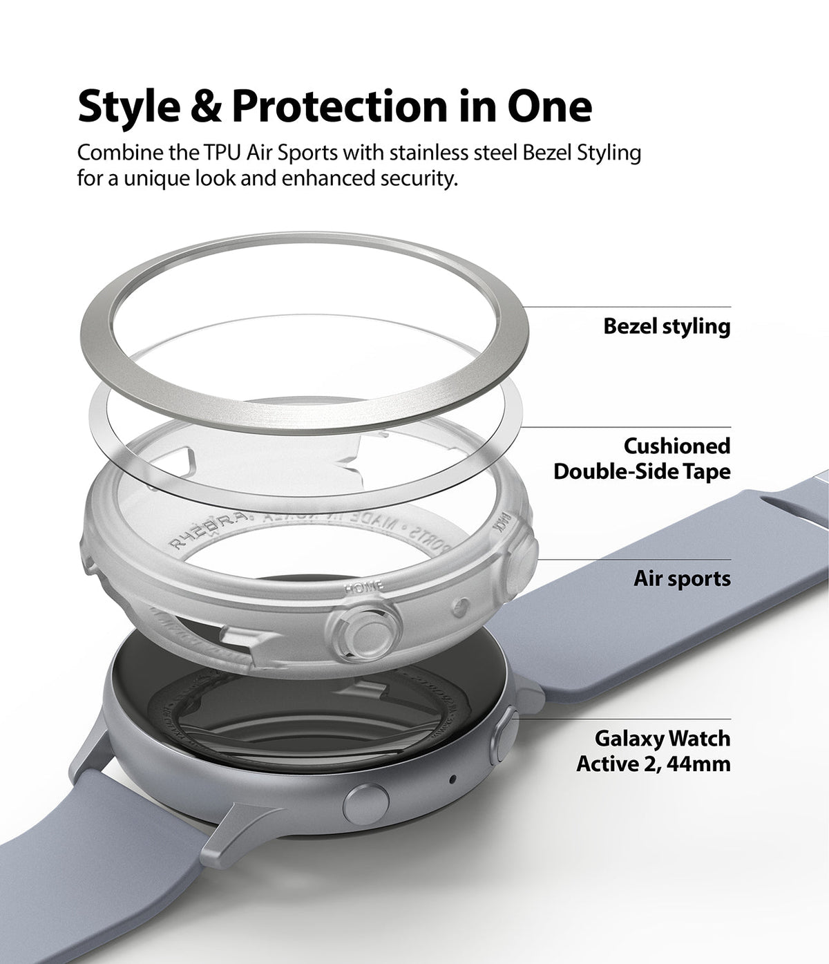 Galaxy Watch Active 2 (44mm) | Air Sports Matte Clear + Bezel Styling - Exploded view of watch case, tape, and bezel.