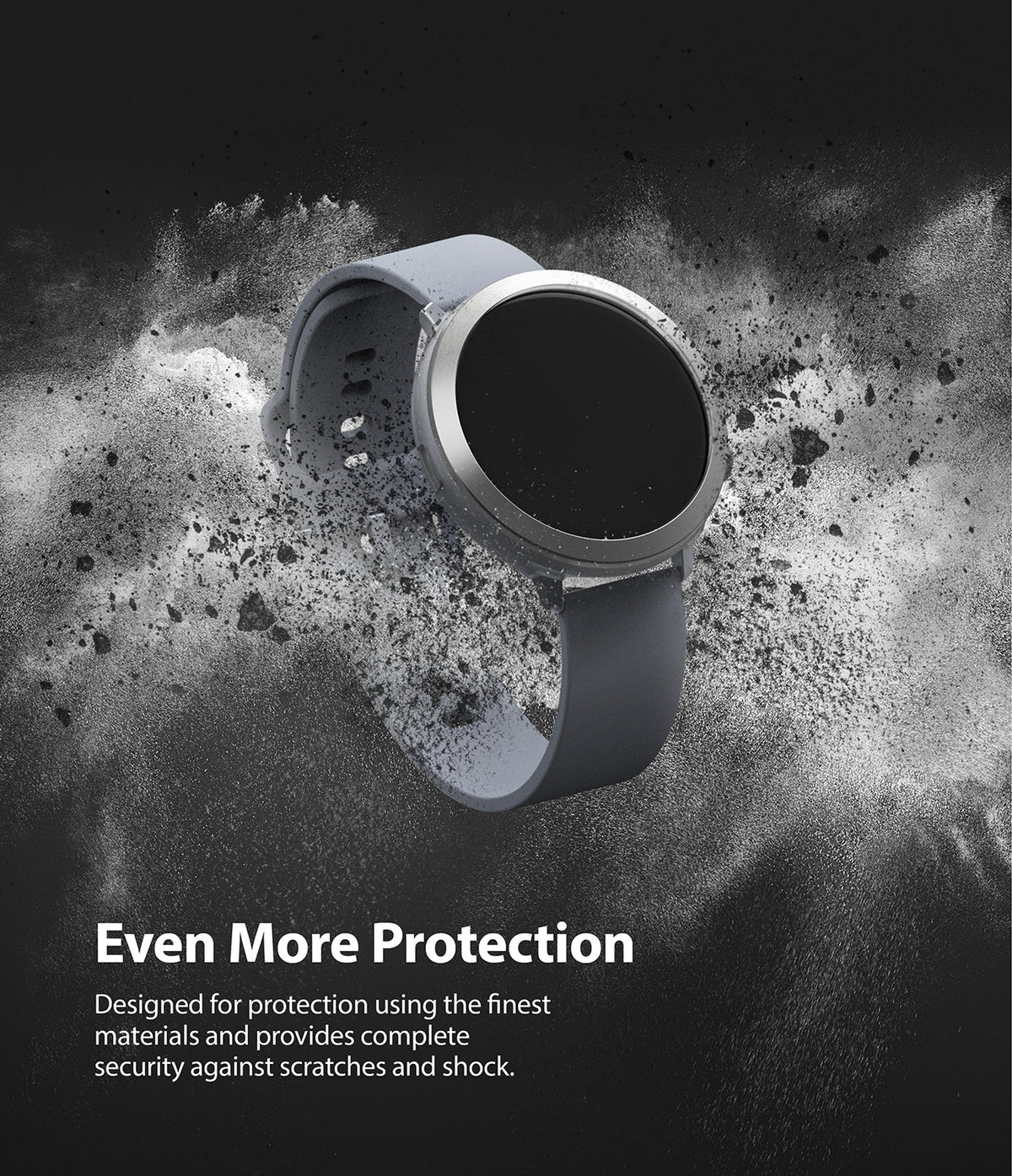 Galaxy Watch Active 2 (44mm) | Air Sports Matte Clear + Bezel Styling - Smartwatch with protective case amidst dust.