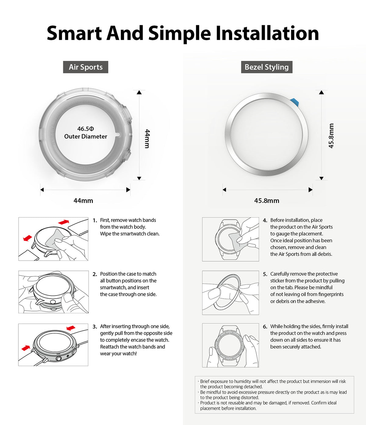 Galaxy Watch Active 2 (44mm) | Air Sports Matte Clear + Bezel Styling - Installation guide showing steps for watch case.