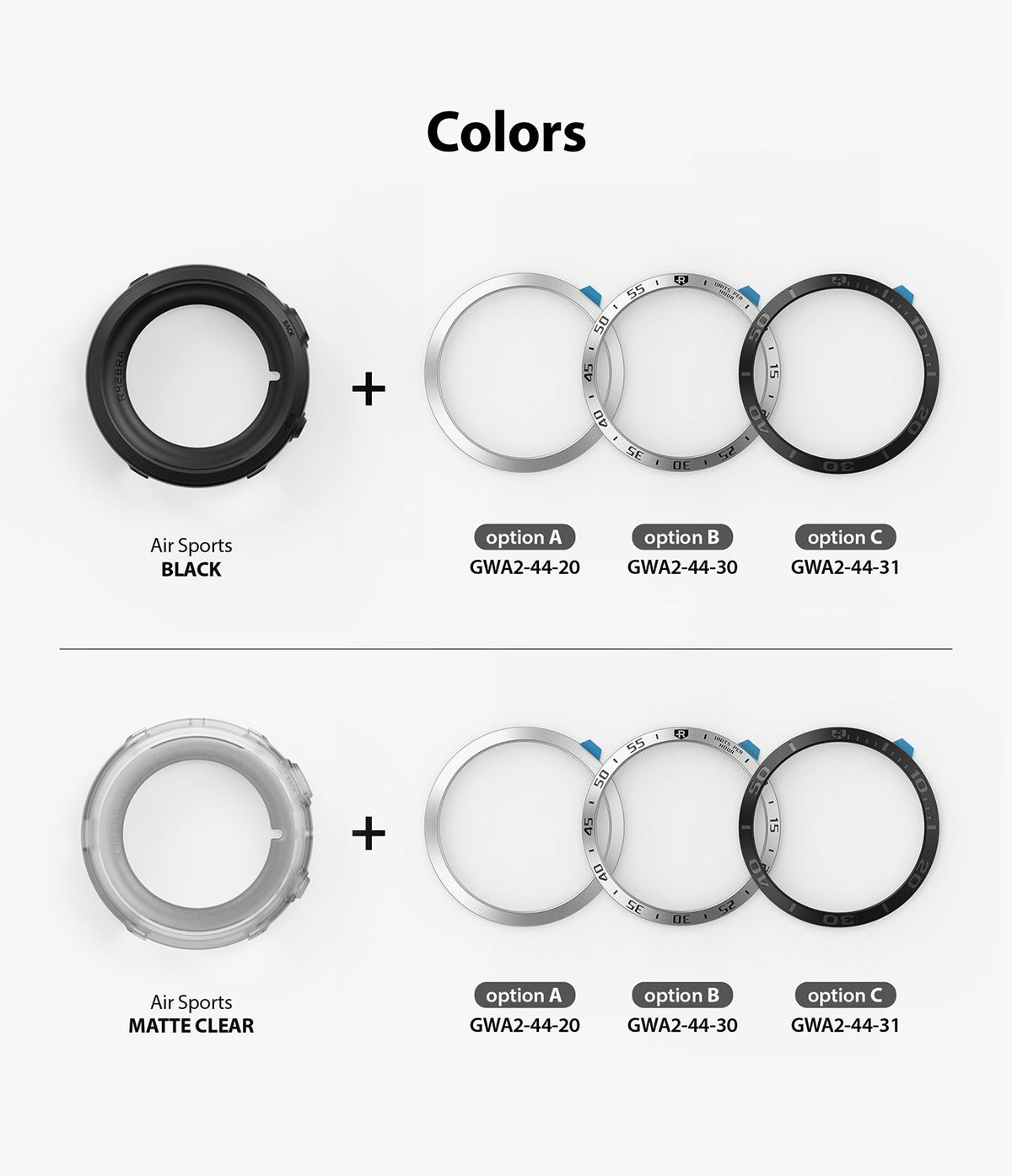 Galaxy Watch Active 2 (44mm) | Air Sports Matte Clear + Bezel Styling - Comparison chart of black and clear watch cases.