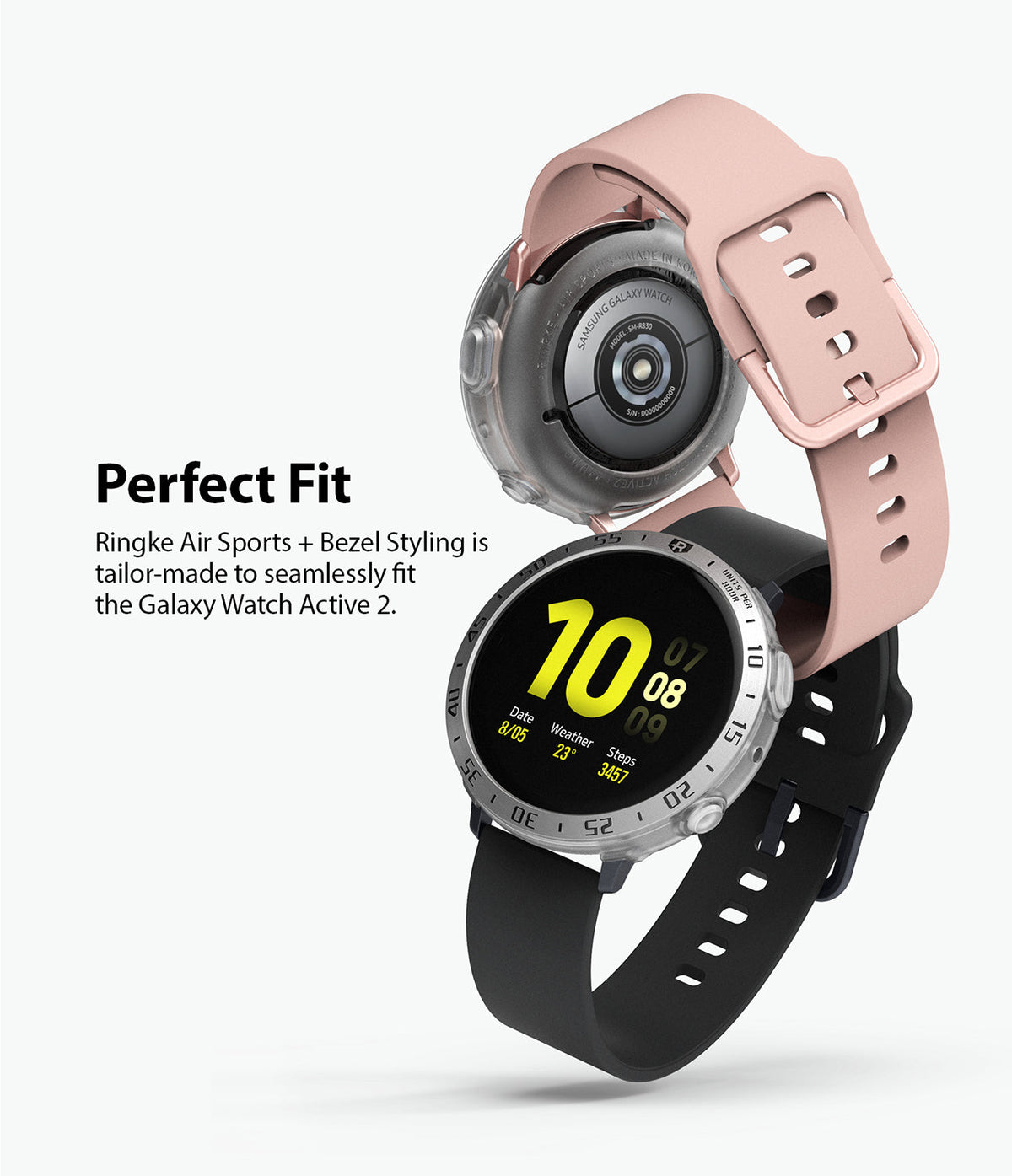 Galaxy Watch Active 2 (44mm) | Air Sports Matte Clear + Bezel Styling - Two Galaxy Watches with protective cases and bands.