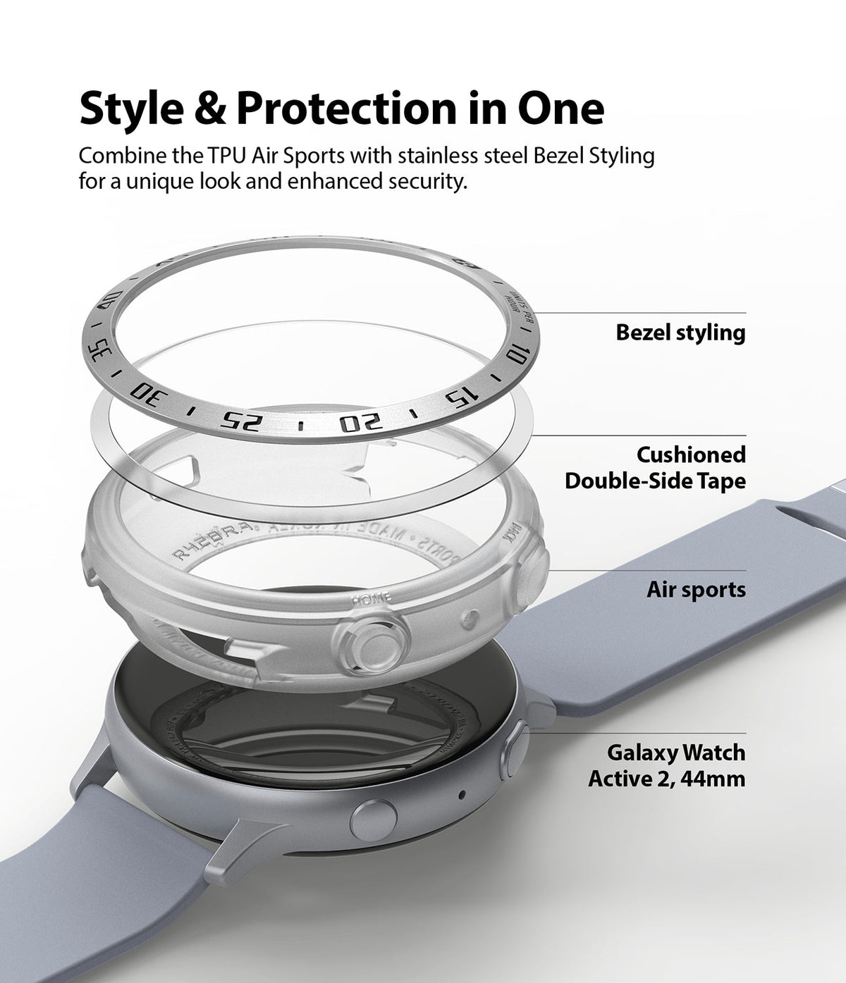 Galaxy Watch Active 2 (44mm) | Air Sports Matte Clear + Bezel Styling - Exploded view of watch case, tape, and bezel.