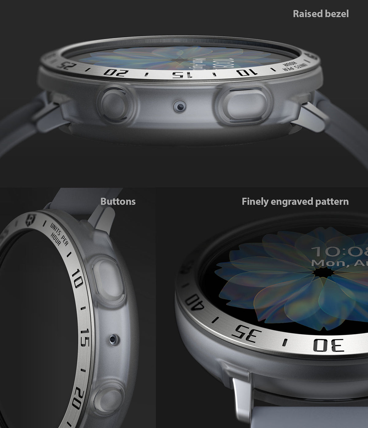 Galaxy Watch Active 2 (44mm) | Air Sports Matte Clear + Bezel Styling - Galaxy Watch Active 2 (44mm) - Close-up of matte clear case and metallic bezel styling with engraved markings on a smartwatch.