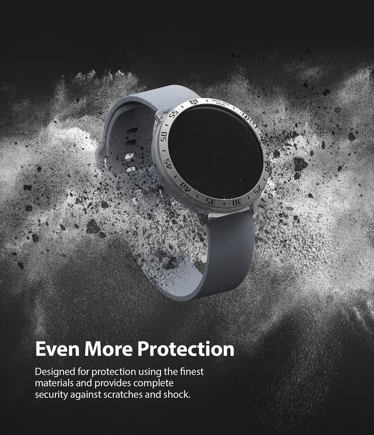 Galaxy Watch Active 2 (44mm) | Air Sports Matte Clear + Bezel Styling - Galaxy Watch Active 2 (44mm) - Smartwatch with matte clear case and tachymeter bezel styling amidst a cloud of dust.