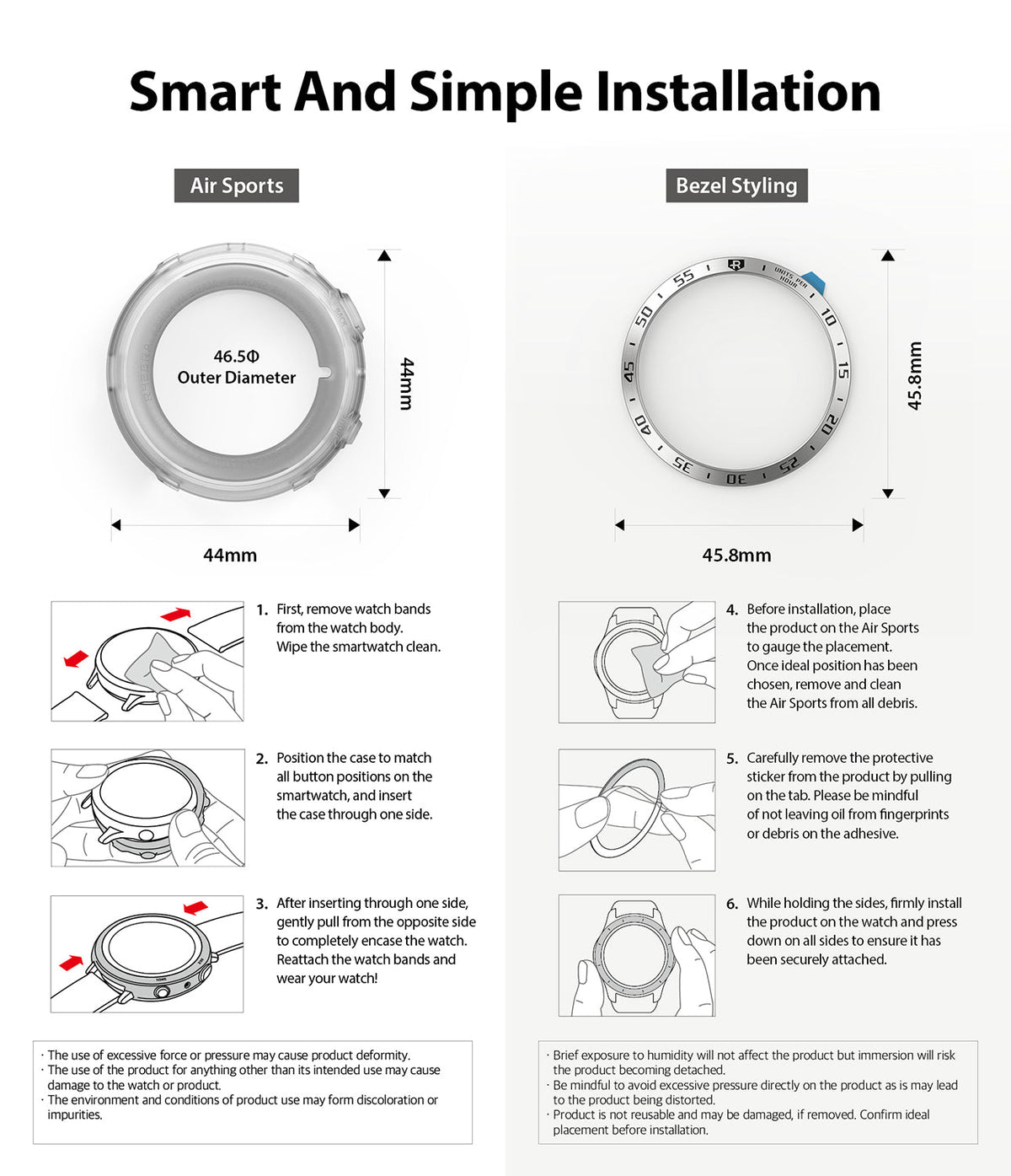 Galaxy Watch Active 2 (44mm) | Air Sports Matte Clear + Bezel Styling - Installation guide showing steps for watch accessories.