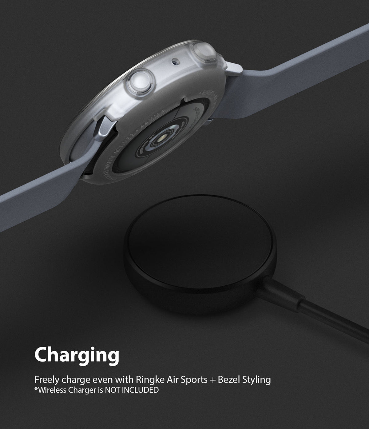 Galaxy Watch Active 2 (44mm) | Air Sports Matte Clear + Bezel Styling - Smartwatch with clear case hovering over charger.
