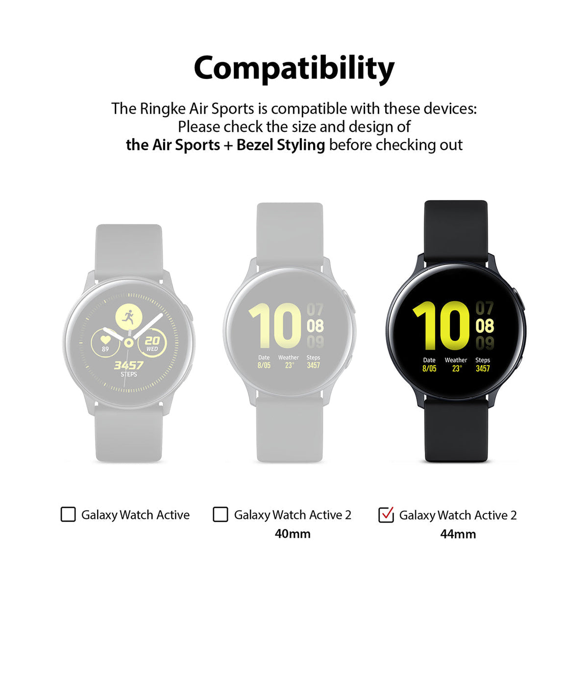 Galaxy Watch Active 2 (44mm) | Air Sports Matte Clear + Bezel Styling - Compatibility chart showing three smartwatches.