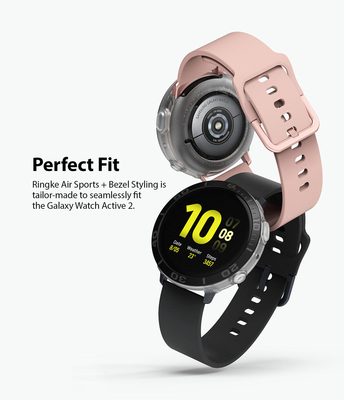Galaxy Watch Active 2 (44mm) | Air Sports Matte Clear + Bezel Styling - Two watches with clear cases and black bezels.