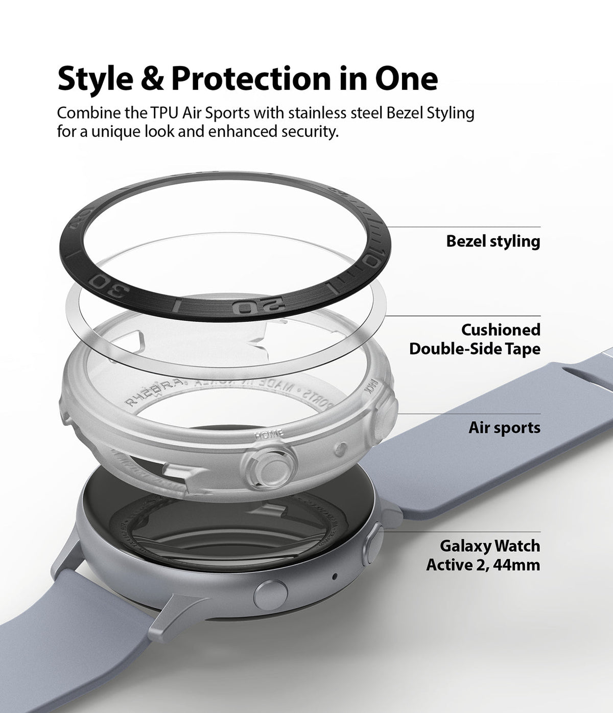 Galaxy Watch Active 2 (44mm) | Air Sports Matte Clear + Bezel Styling - Galaxy Watch Active 2 (44mm) - Exploded view showing bezel, adhesive, clear case, and watch with grey silicone strap.