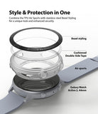 Galaxy Watch Active 2 (44mm) | Air Sports Matte Clear + Bezel Styling - Galaxy Watch Active 2 (44mm) - Exploded view showing bezel, adhesive, clear case, and watch with grey silicone strap.