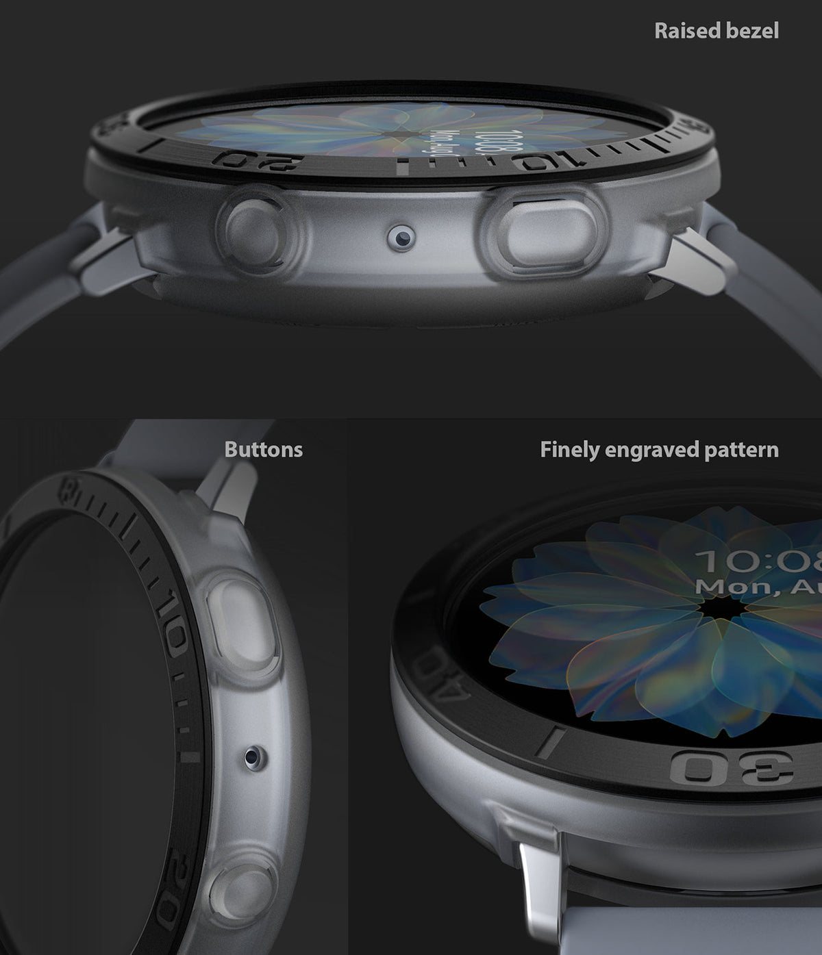 Galaxy Watch Active 2 (44mm) | Air Sports Matte Clear + Bezel Styling - Galaxy Watch Active 2 (44mm) - Close-up views of a matte clear case and black bezel styling with engraved markings.
