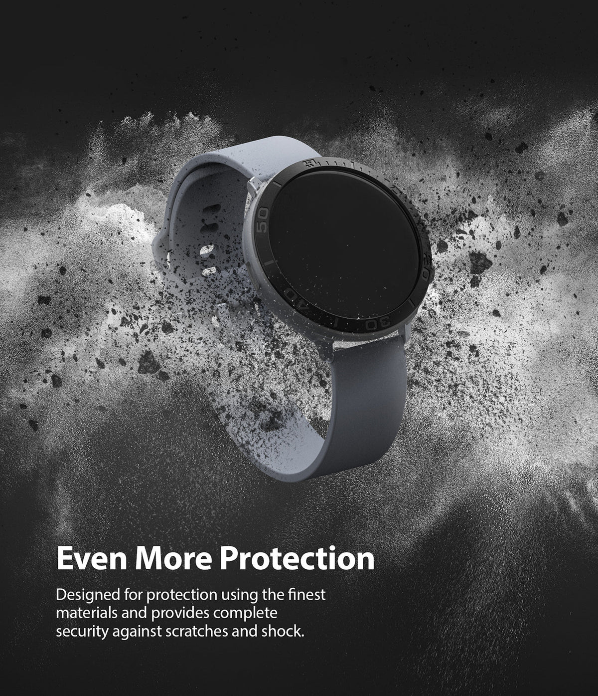 Galaxy Watch Active 2 (44mm) | Air Sports Matte Clear + Bezel Styling - Smartwatch with black bezel and grey strap in dust.