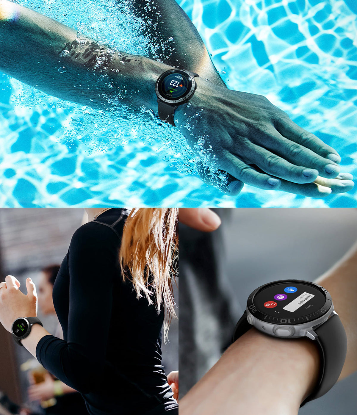 Galaxy Watch Active 2 (44mm) | Air Sports Matte Clear + Bezel Styling - Galaxy Watch Active 2 (44mm) - Smartwatch with matte clear case and black bezel styling worn while swimming and exercising.