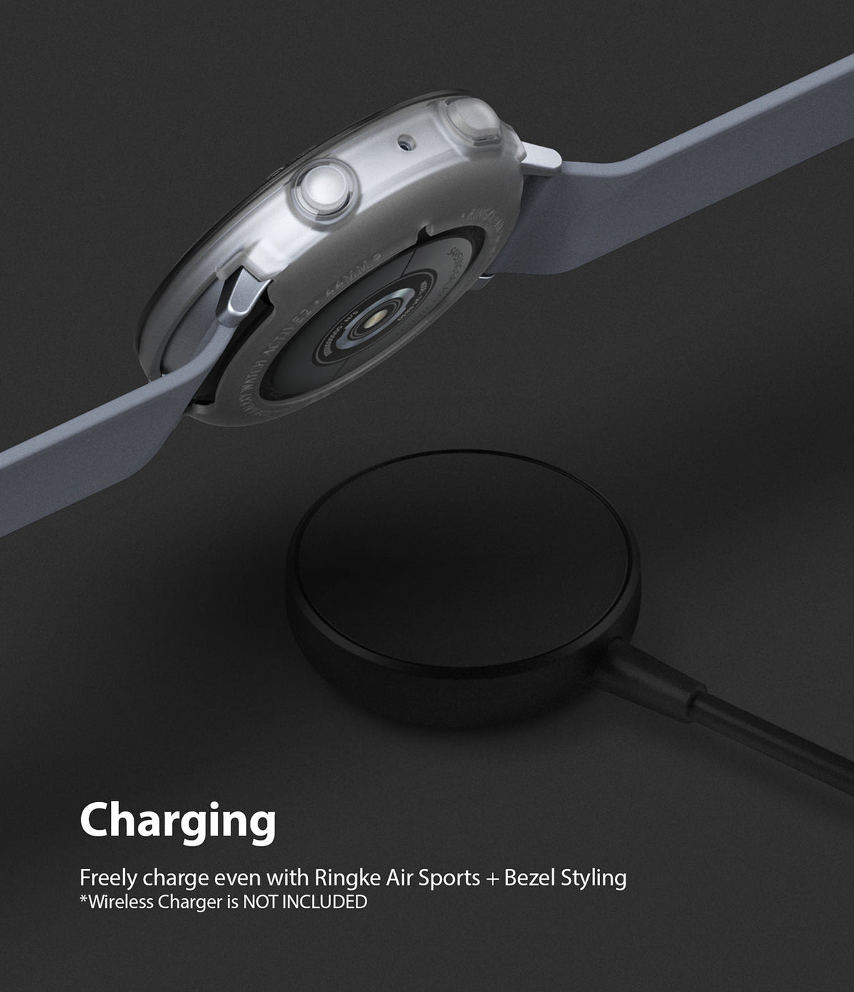 Galaxy Watch Active 2 (44mm) | Air Sports Matte Clear + Bezel Styling - Galaxy Watch Active 2 (44mm) - Smartwatch with clear protective case hovering above a black wireless charging puck.