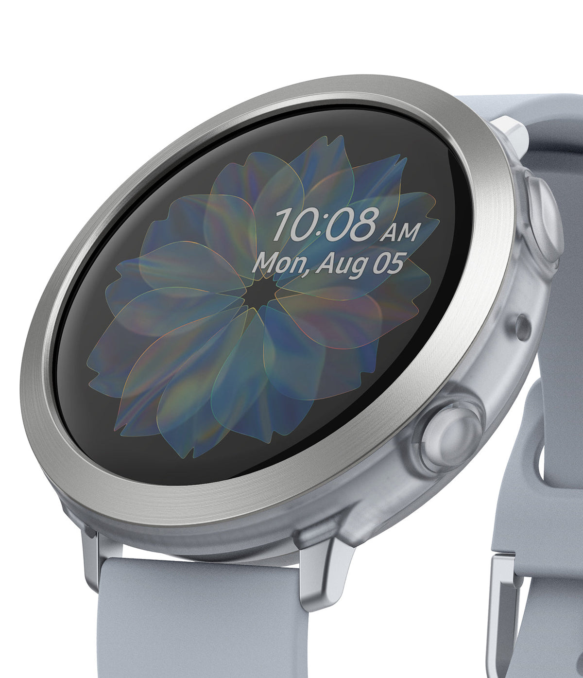 Galaxy Watch Active 2 (44mm) | Air Sports Matte Clear + Bezel Styling - Galaxy Watch Active 2 (44mm) - Silver smartwatch with clear protective case, metallic bezel, and light grey silicone band.