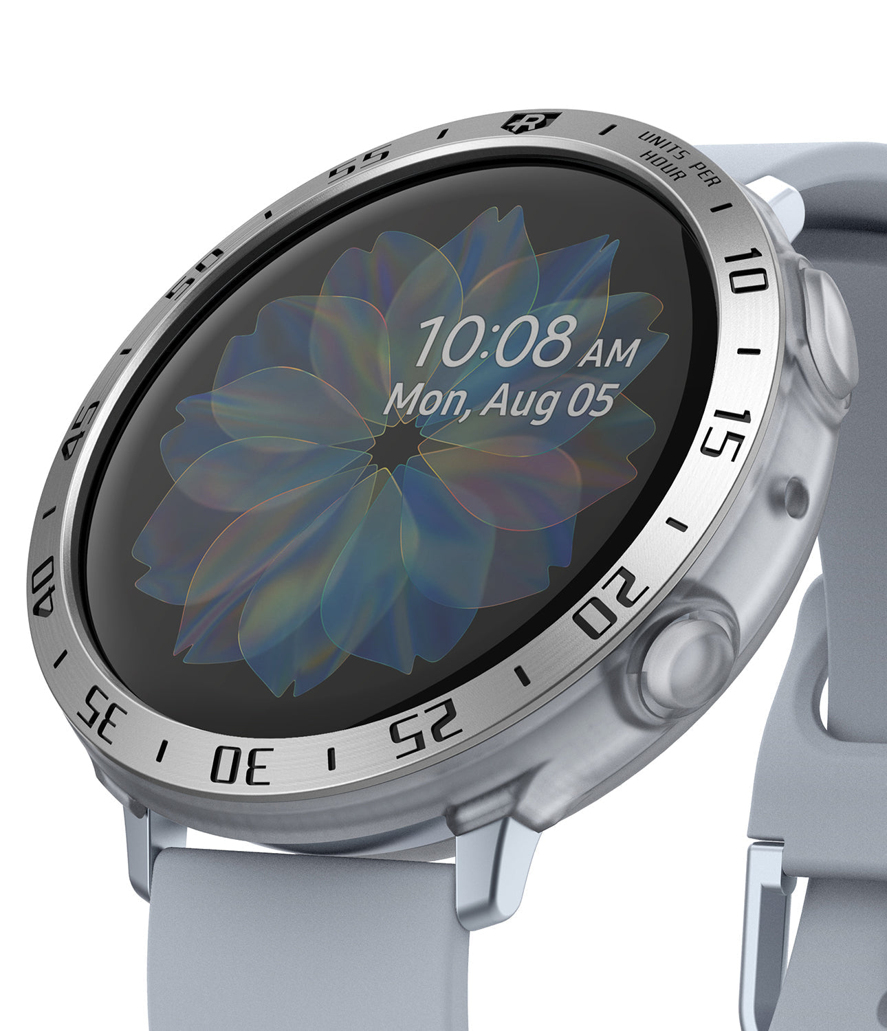 Galaxy Watch Active 2 (44mm) | Air Sports Matte Clear + Bezel Styling - Galaxy Watch Active 2 (44mm) - Silver smartwatch with a metallic bezel styling and a light grey silicone sport band.