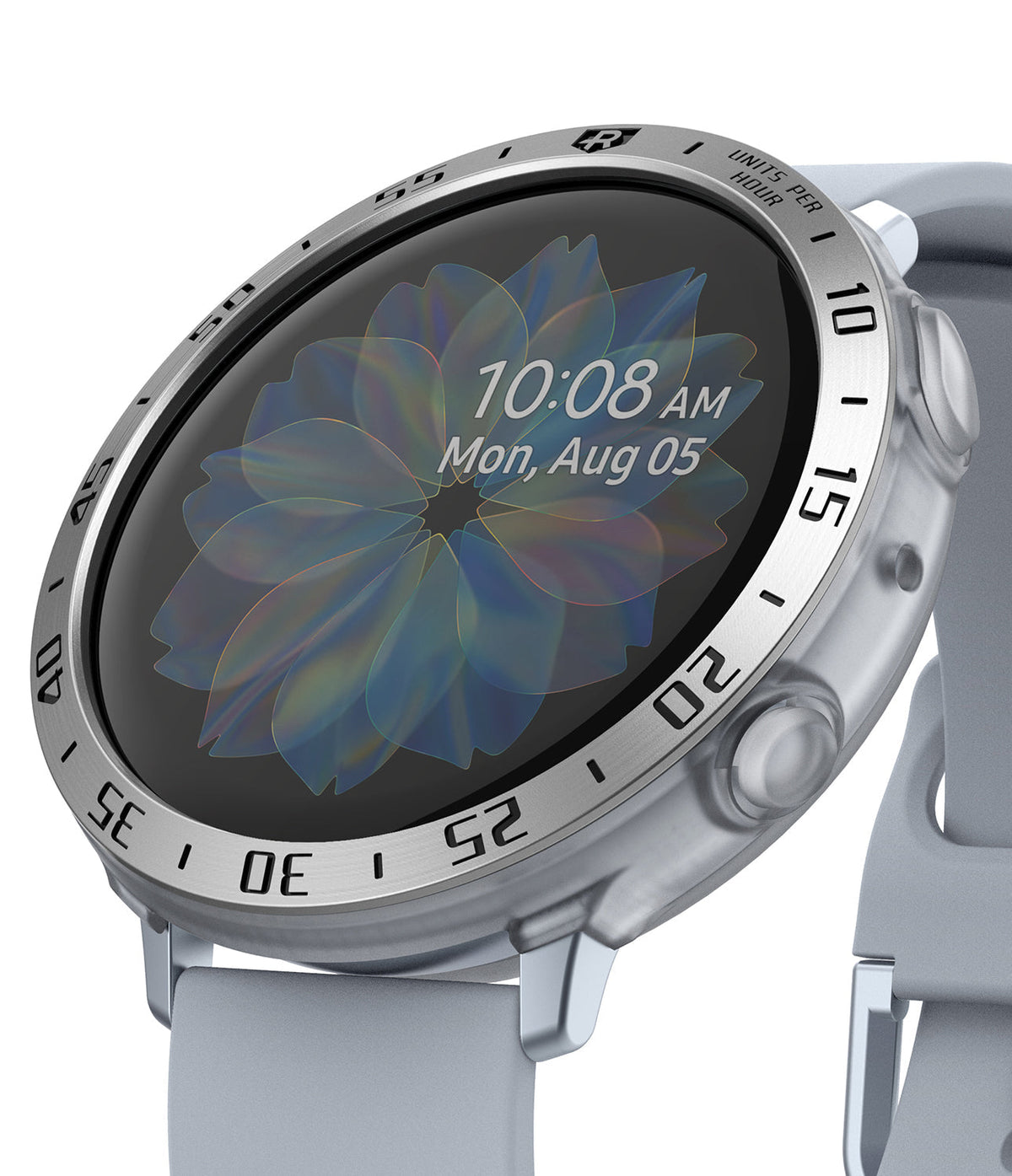 Galaxy Watch Active 2 (44mm) | Air Sports Matte Clear + Bezel Styling - Galaxy Watch Active 2 (44mm) - Silver smartwatch with a metallic bezel styling and a light grey silicone sport band.