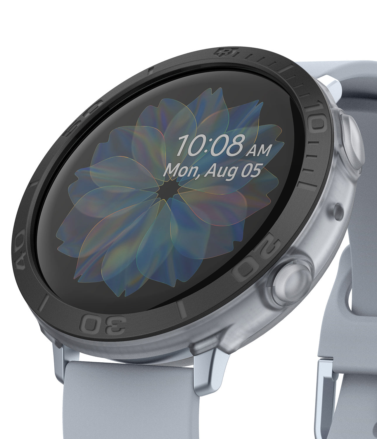 Galaxy Watch Active 2 (44mm) | Air Sports Matte Clear + Bezel Styling - Galaxy Watch Active 2 (44mm) - Matte clear protective case and black bezel styling on a grey smartwatch with floral face.
