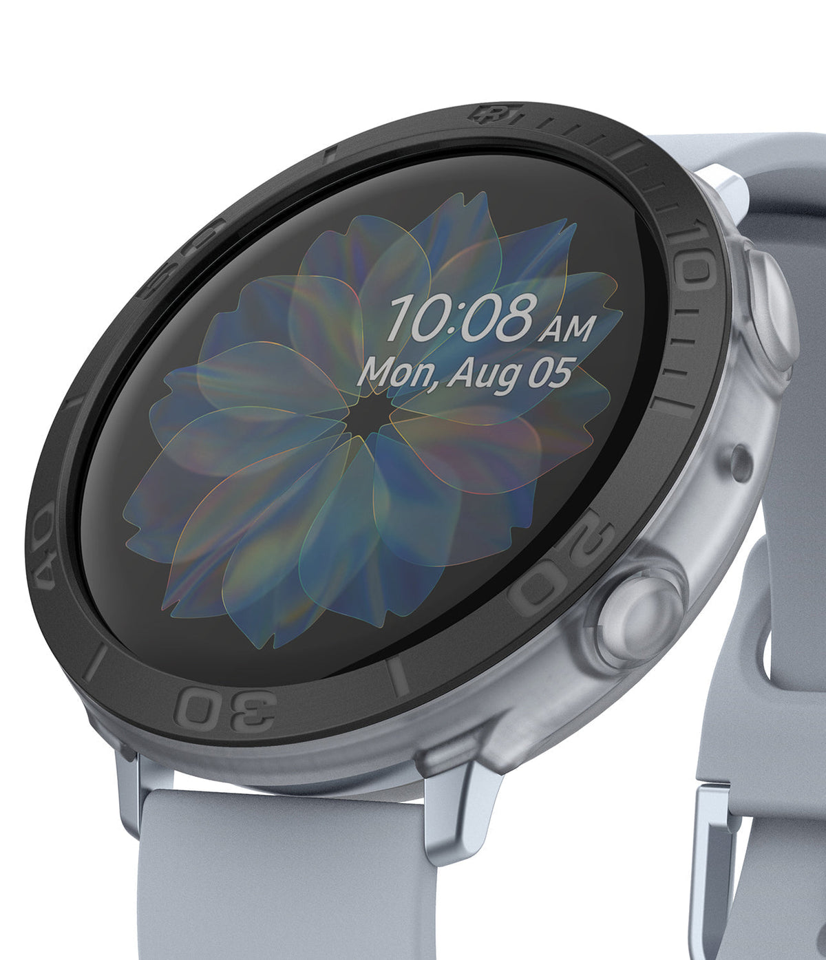 Galaxy Watch Active 2 (44mm) | Air Sports Matte Clear + Bezel Styling - Galaxy Watch Active 2 (44mm) - Matte clear protective case and black bezel styling on a grey smartwatch with floral face.