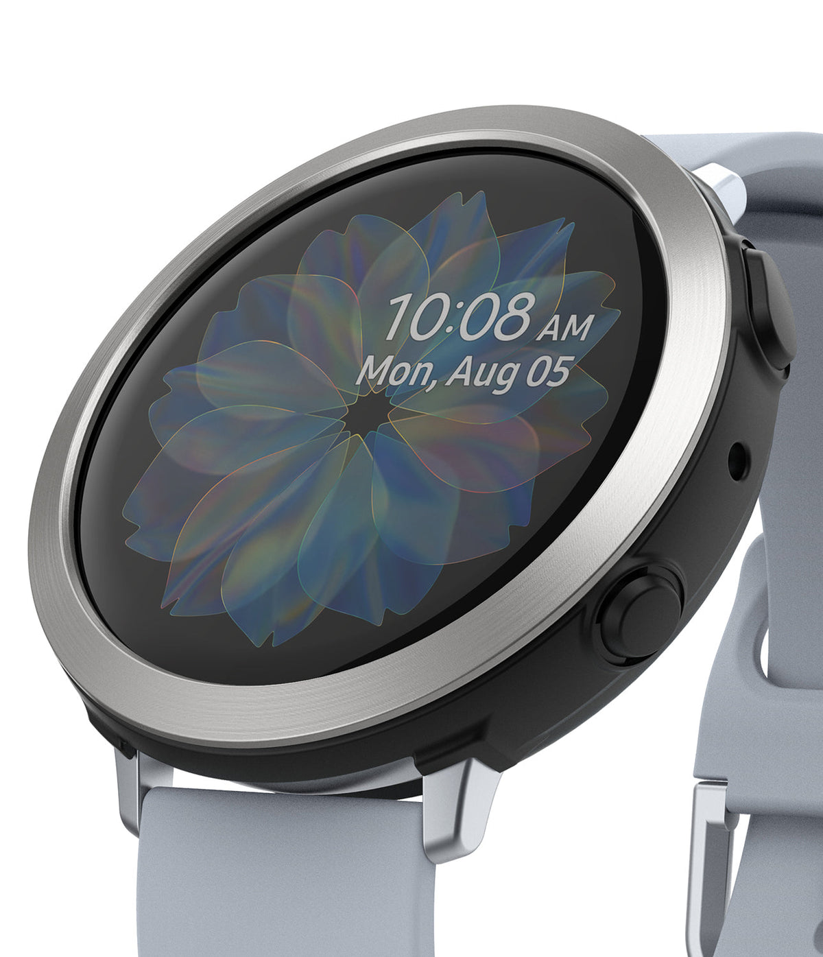 Galaxy Watch Active 2 (44mm) | Air Sports Black + Bezel Styling - Smartwatch with silver bezel, black case, and light gray band.
