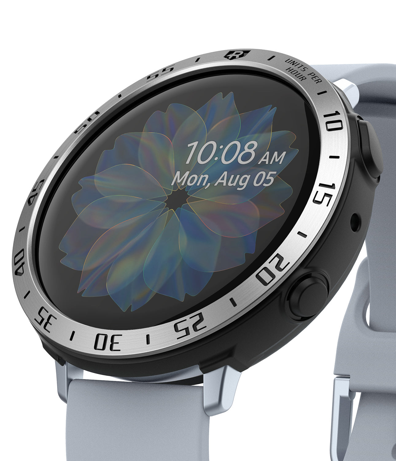 Galaxy Watch Active 2 (44mm) | Air Sports Black + Bezel Styling - Galaxy Watch Active 2 (44mm) - Black smartwatch with silver tachymeter bezel styling and light grey silicone strap.