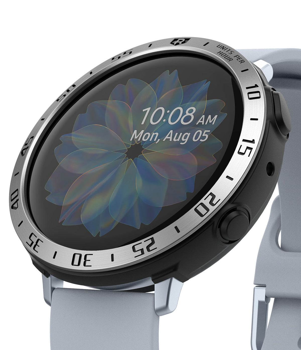 Galaxy Watch Active 2 (44mm) | Air Sports Black + Bezel Styling - Galaxy Watch Active 2 (44mm) - Black smartwatch with silver tachymeter bezel styling and light grey silicone strap.