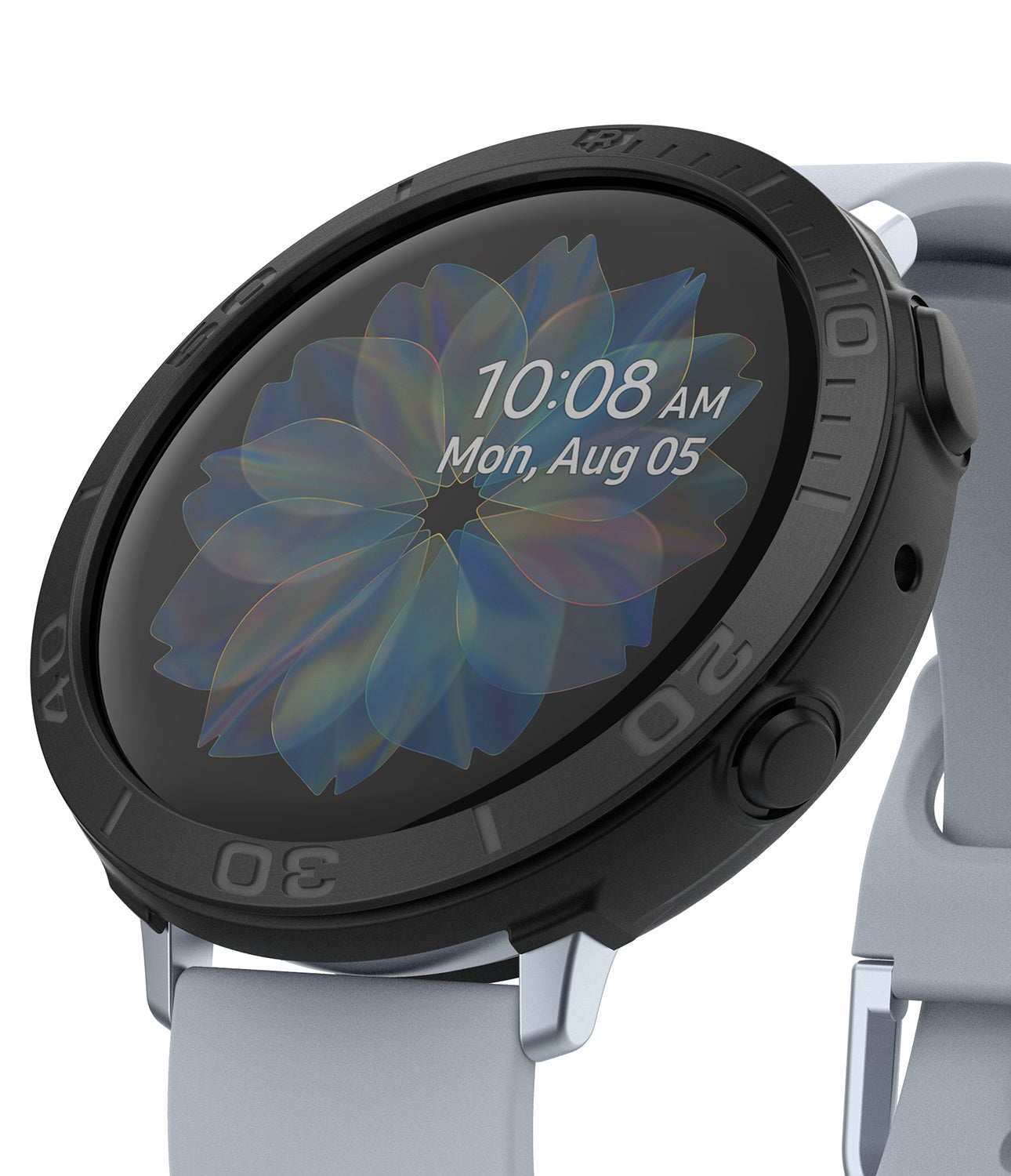 Galaxy Watch Active 2 (44mm) | Air Sports Black + Bezel Styling - Galaxy Watch Active 2 (44mm) - Black bezel styling on a smartwatch with a light gray band and floral digital watch face.