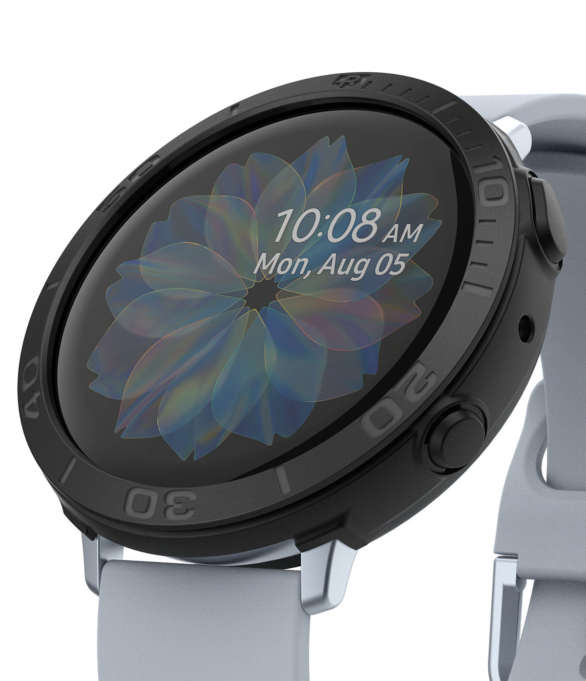 Galaxy Watch Active 2 (44mm) | Air Sports Black + Bezel Styling - Galaxy Watch Active 2 (44mm) - Black bezel styling on a smartwatch with a light gray band and floral digital watch face.