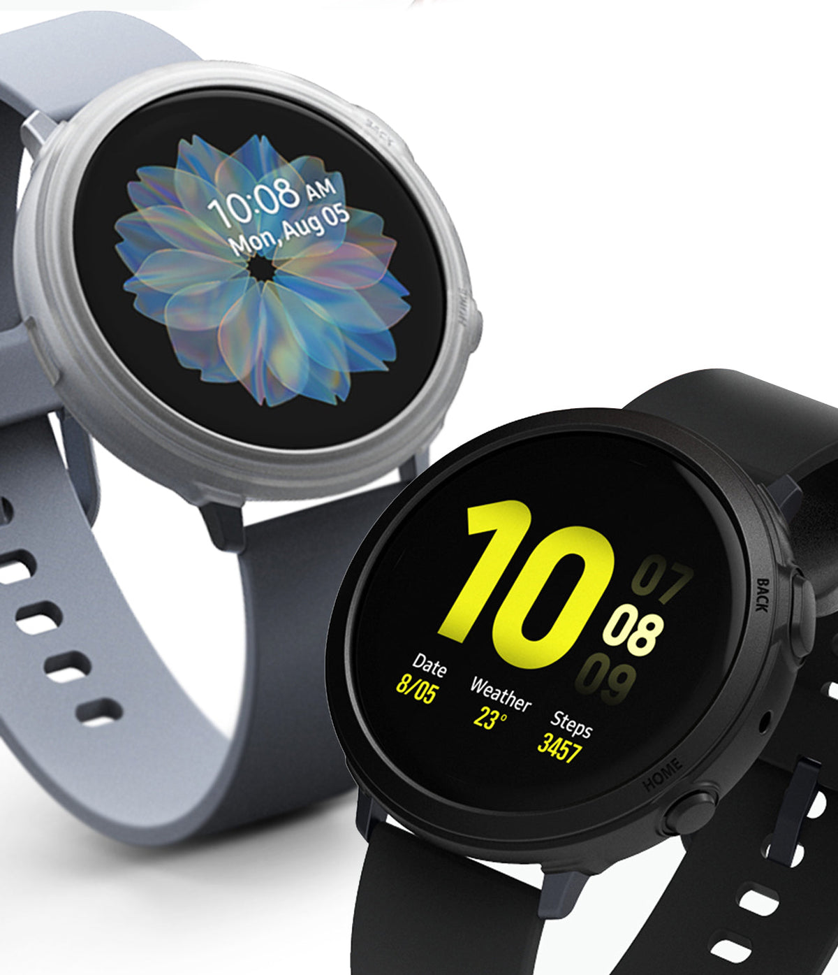 Galaxy Watch Active 2 44mm Case | Air Sports - Two smartwatches with protective cases in light gray and black.
