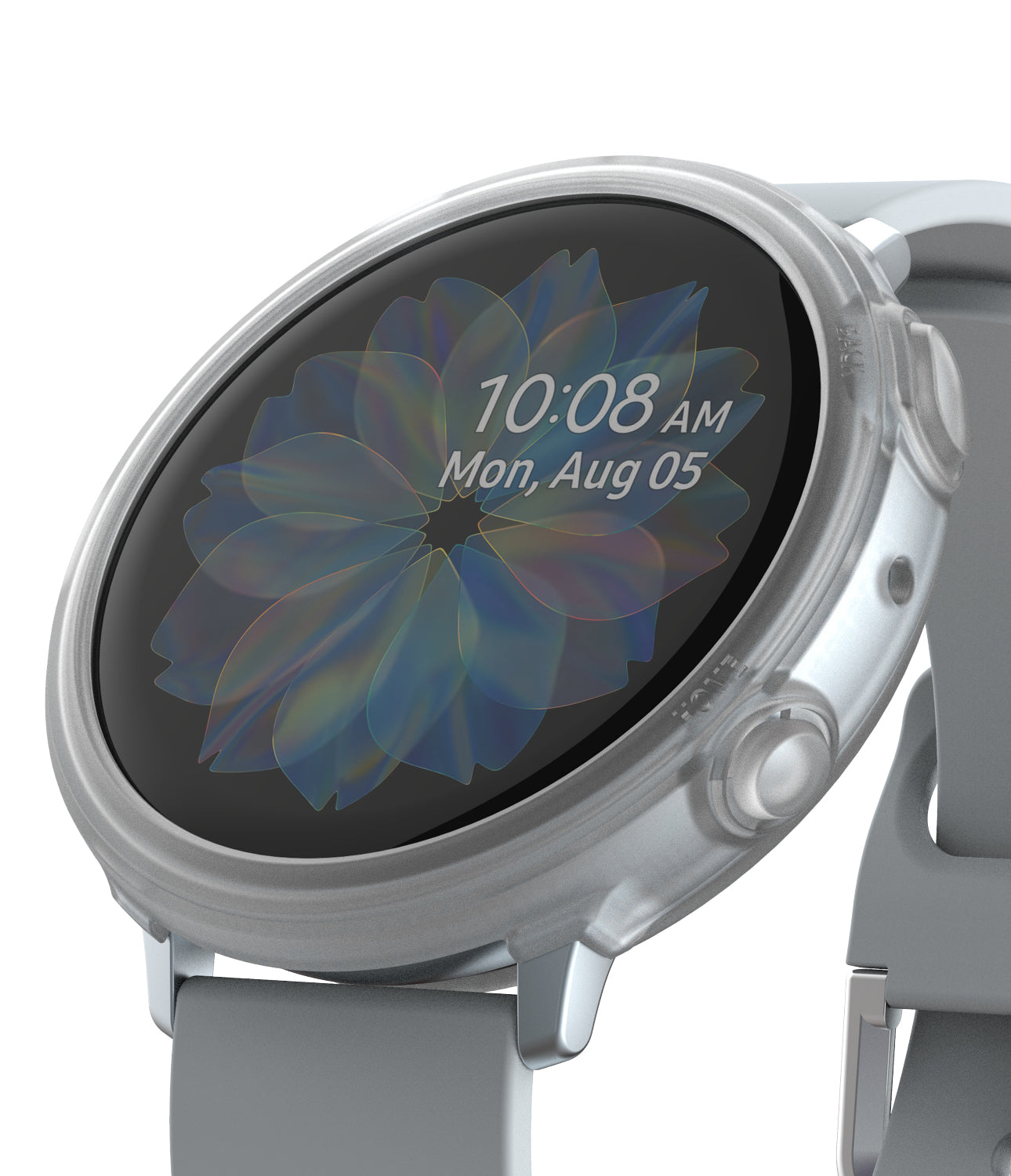 Galaxy Watch Active 2 44mm Case | Air Sports - A clear protective case on a silver smartwatch with a floral watch face.