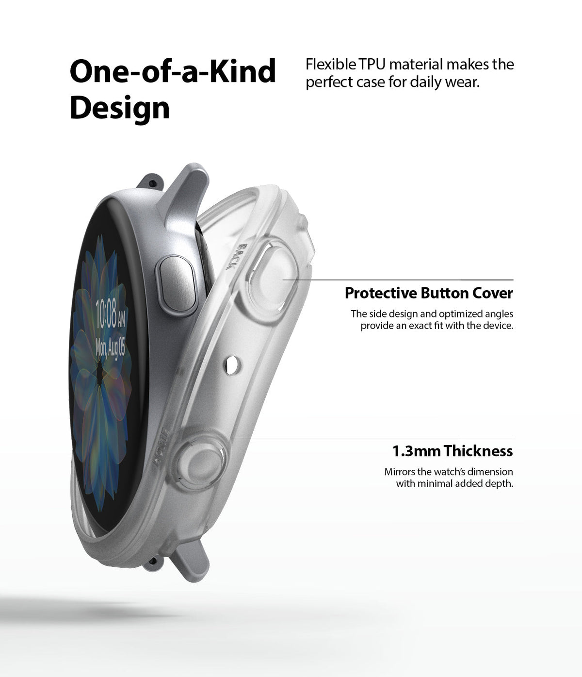 Galaxy Watch Active 2 44mm Case | Air Sports - TPU case being placed over a Galaxy Watch, highlighting button covers.