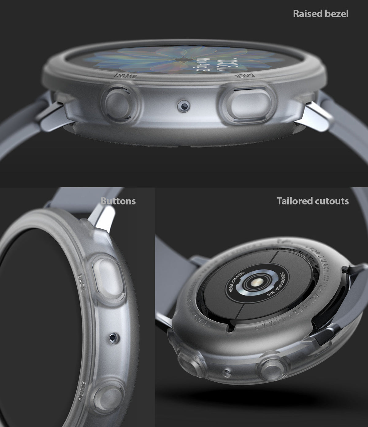 Galaxy Watch Active 2 44mm Case | Air Sports - Three views of a grey protective watch case showing bezel, buttons, and cutouts.