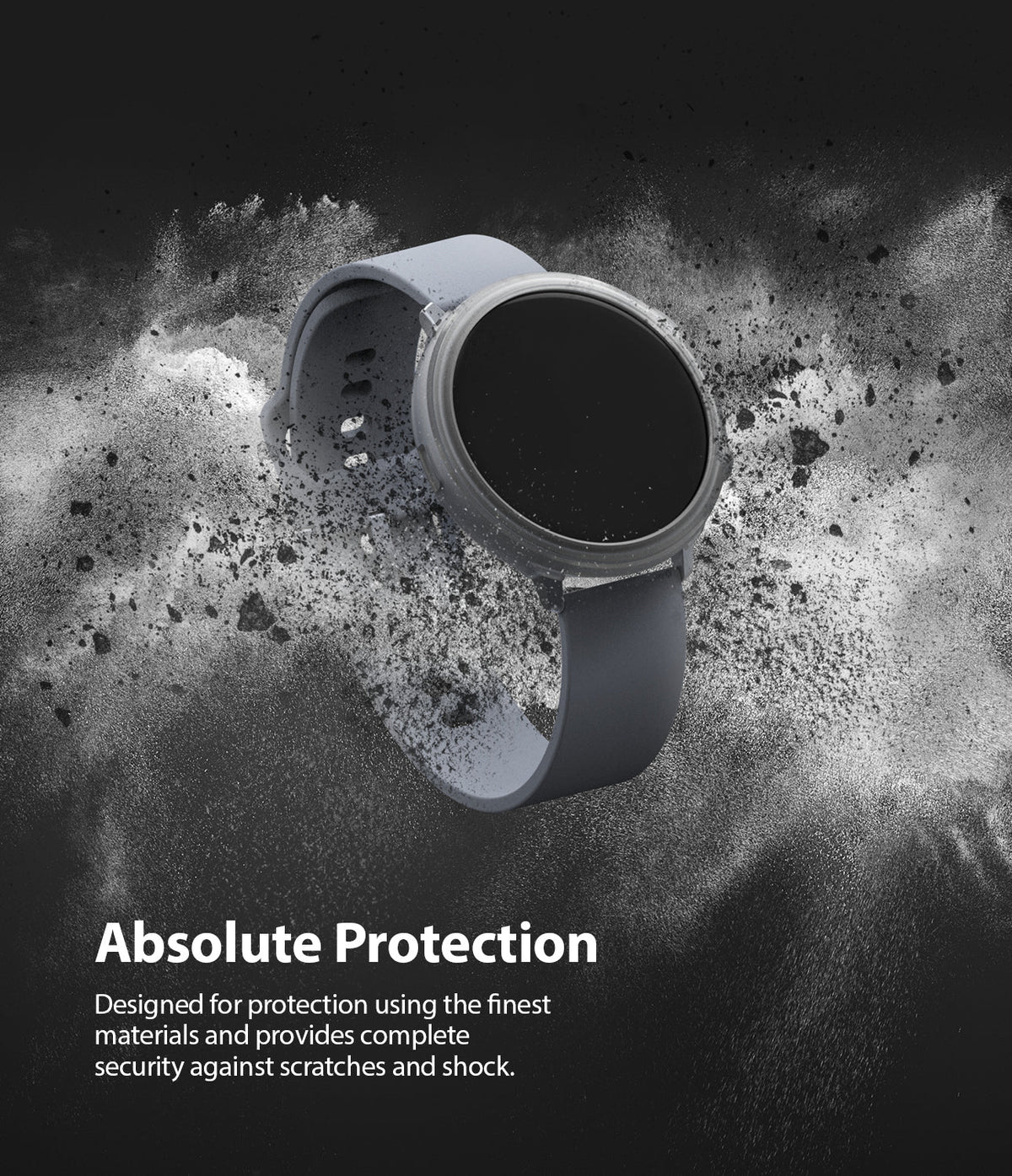 Galaxy Watch Active 2 44mm Case | Air Sports - Grey smartwatch case surrounded by a dramatic explosion of grey dust.